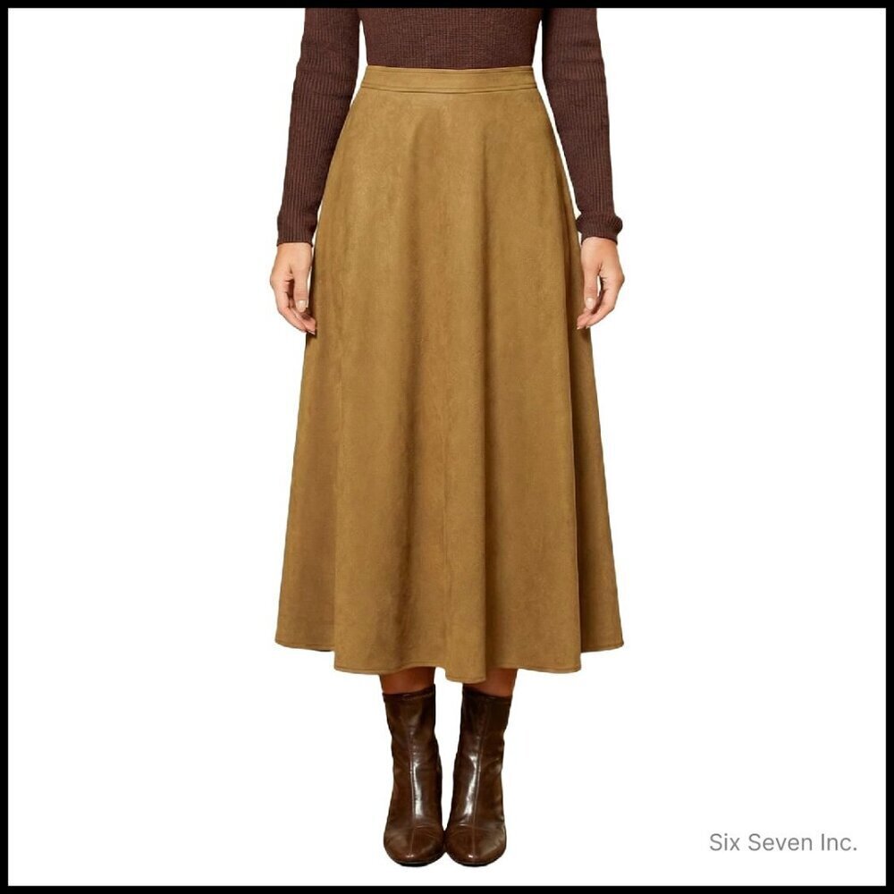 Suede Midi Skirt A-Line High Waisted Elegant Dressy Winter Fall Outfits Pockets